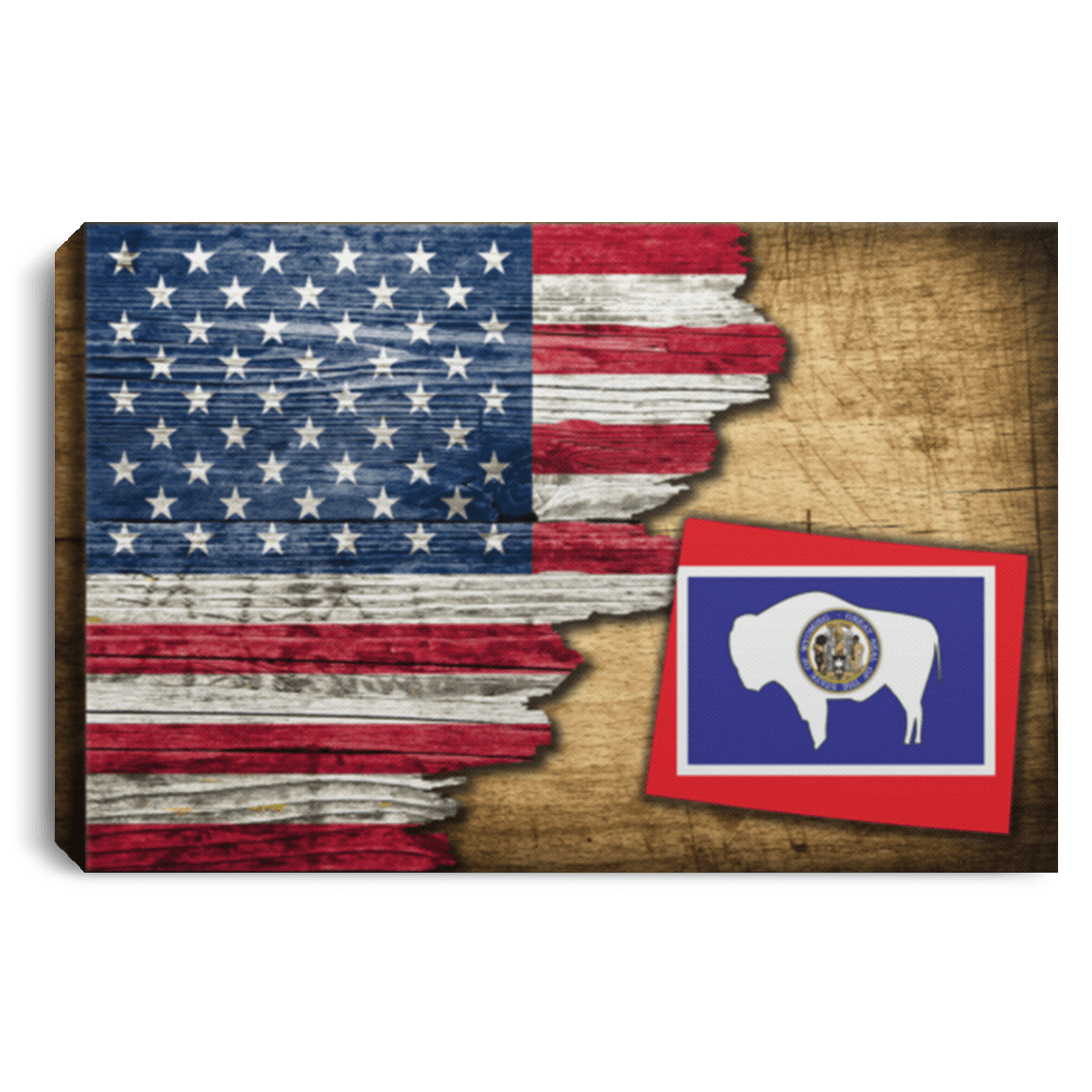 United States/Wyoming Flag Ripped Effect 12X8 Inches Landscape Canvas .75In Frame