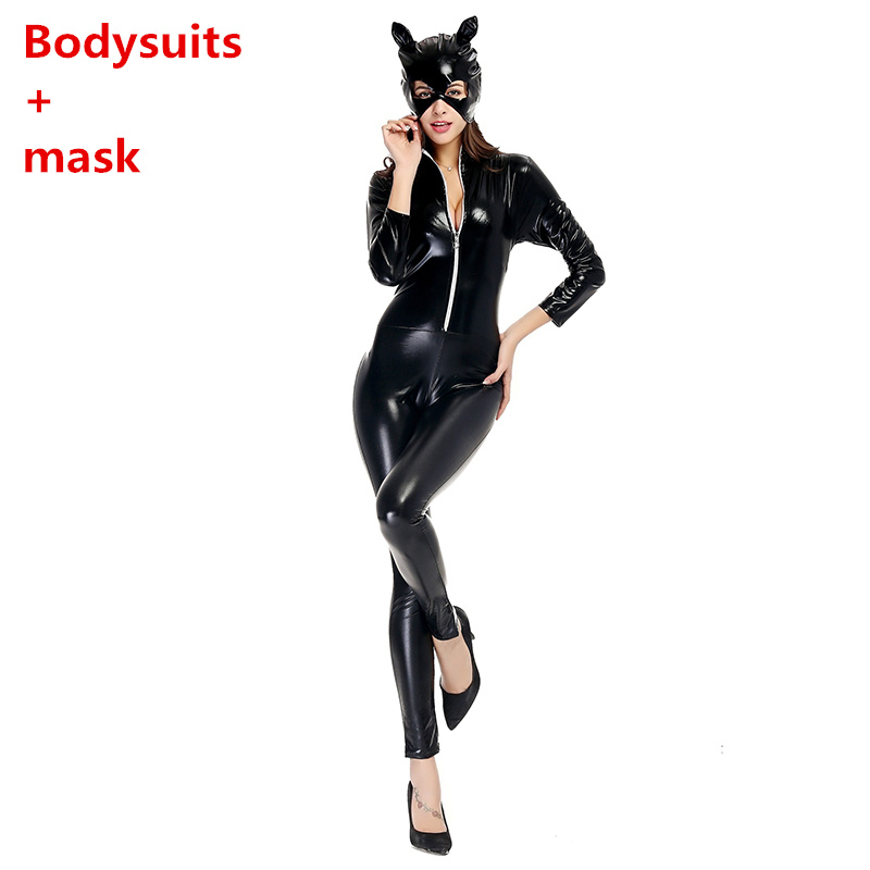 Adult Women Cat Women Cosplay Costumes Sexy Black Synthetic Leather Catsuit Jumpsuit With Whip Cosplay Halloween Fancy Dress alx