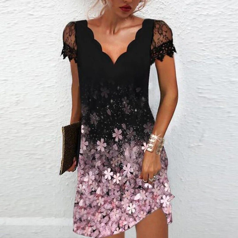 Women Print V Neck Lace Stitching Short-sleeved Dress Summer Plus Size Vestidos Sundress alx