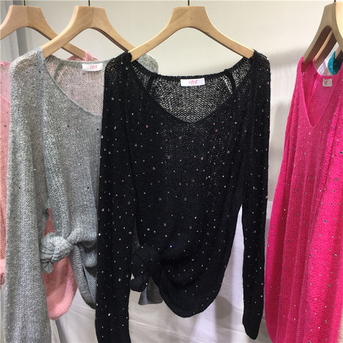 Candy Color Rhinestone Sweet Sweater Women Hollow V-neck Oversized Sweater Top Lazy Style Long Sleeve Knitted Jumper Fall Winter alx