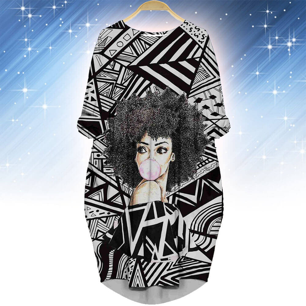 Afrocentric Dress Cute Girl With Afro Long Sleeve Pocket Dress African Print Clothing WBG96004