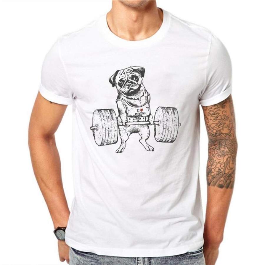 100% Cotton Lovely Bulldog Dog Men T-shirts Cute Kawaii Pug Weightlifting Short Sleeve Summer T Shirt Tees White Tops Plus Size RT53