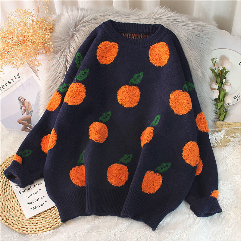 2021 Spring Autumn Orange Print Women O Neck Sweater Soft Female Jumper Knitwear Pullovers Top sweetheart Woman Jumper Mujer alx