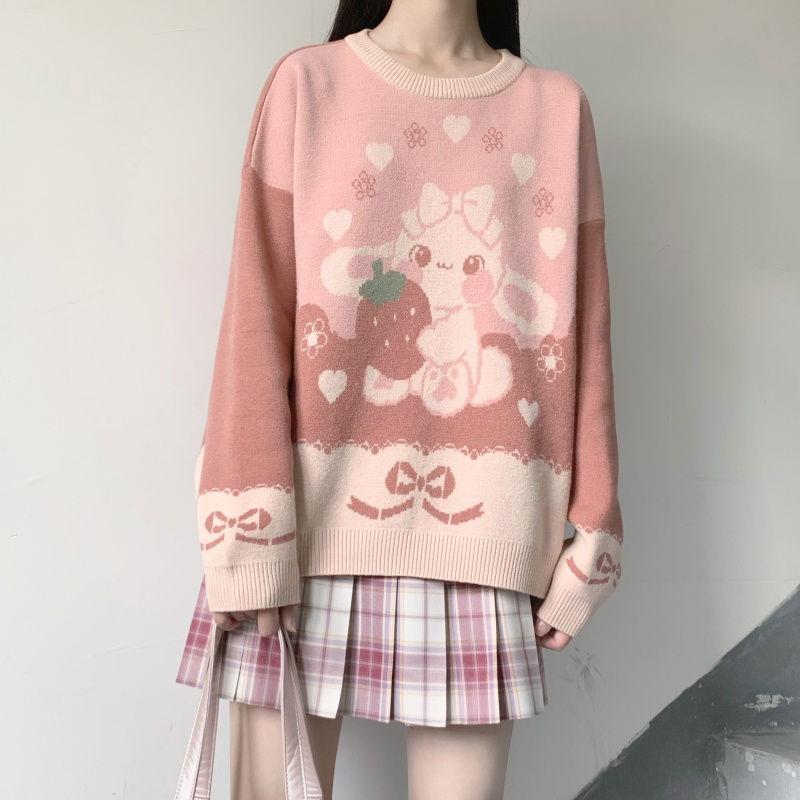 MINGLIUSILI Kawaii Sweater Autumn Winter Fashion Rabbit Print Knitted Sweaters Long Sleeve Loose Japanese Casual Trend Pullover alx