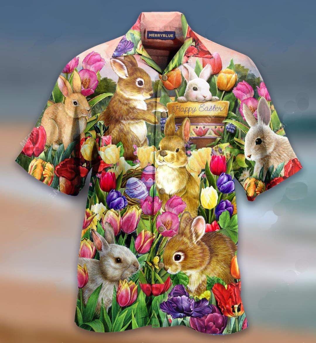 Beach Shirt Discover Cool Lovely Bunny In The Tulip Garden Happy Easter Hawaiian Aloha Shirts