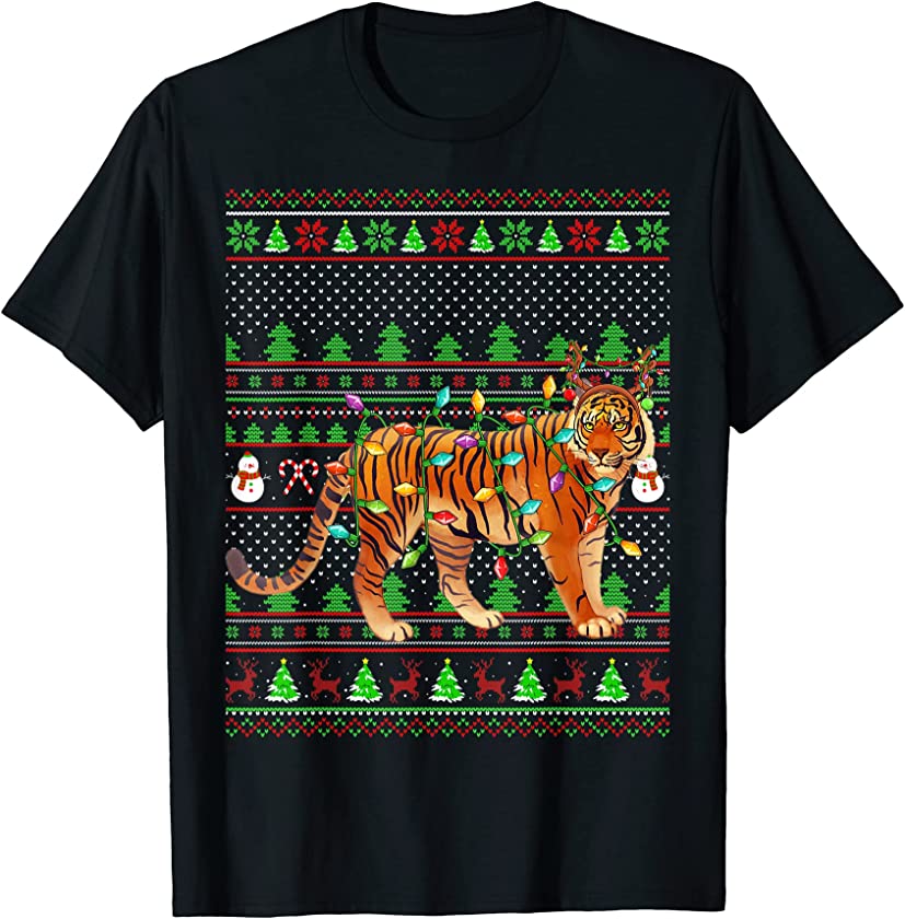 Ugly Xmas Sweater Style Lighting Bengal Tiger Christmas T-Shirt