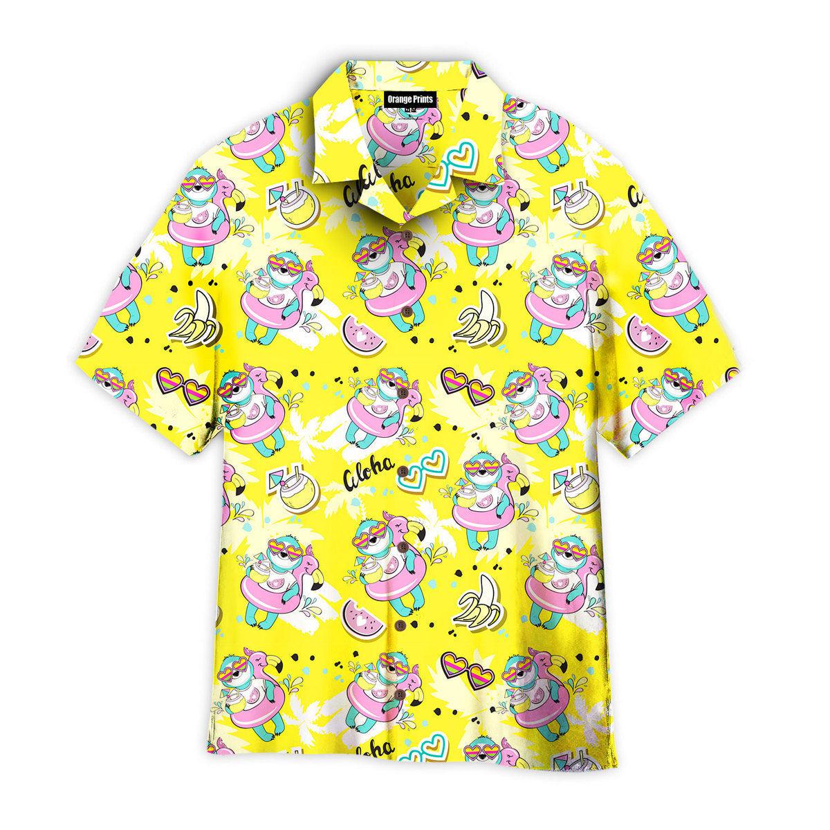 Sloth With Flamingo Circle On A Yellow Beach Aloha Hawaii Shirts For Men Women Ha15007