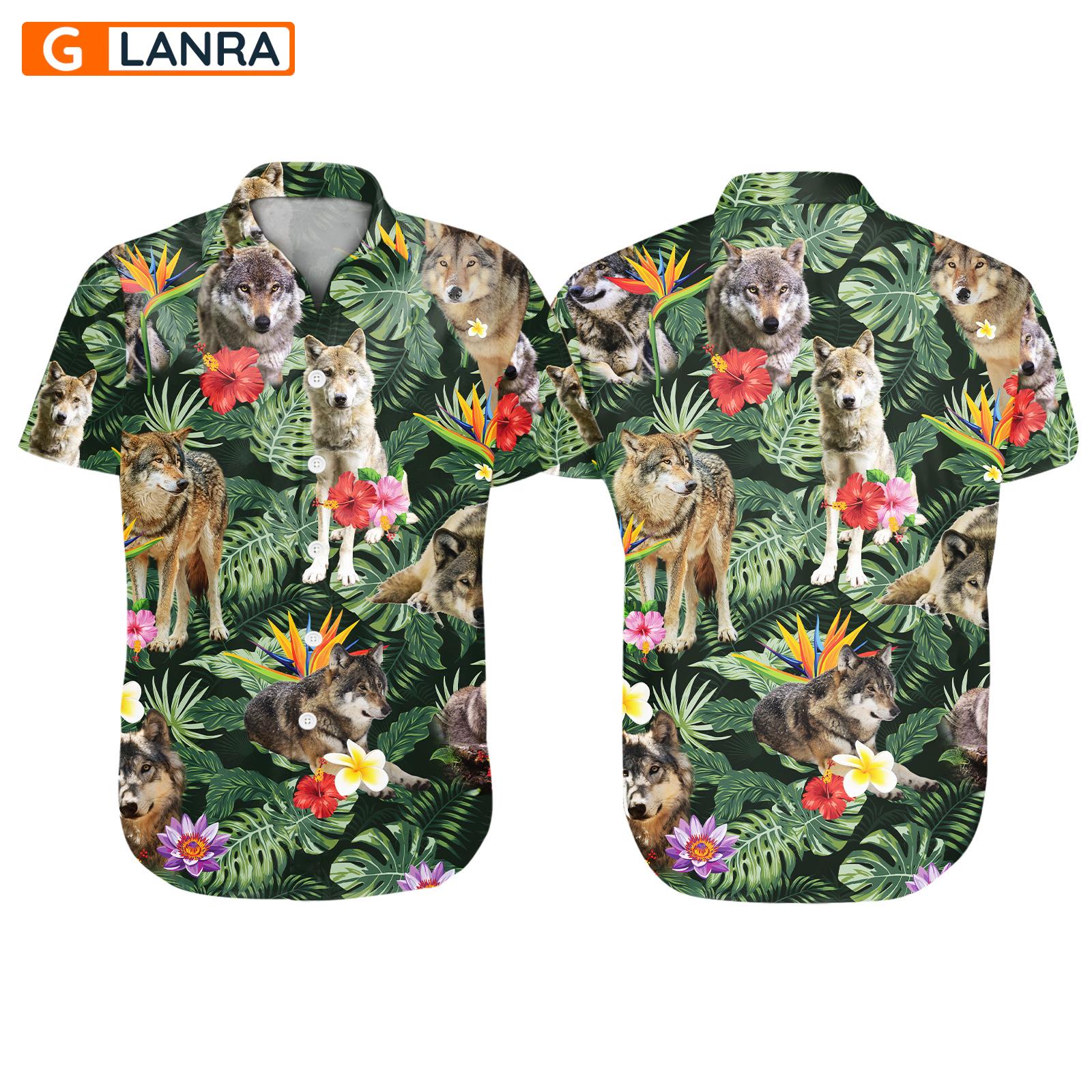 Wolf Tropical Leaves Flower Button Shirt, Wolf Button Shirt, Summer Wolf Hawaiian Shirt, Wolf Leaf Hawaiian Shirt, Summer Tropical Shirt