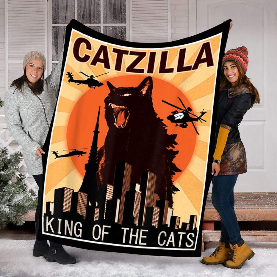 Customs Blanket Vintage Catzilla Japanese Sunset Anime Cat Kitten Lover Blanket – Fleece Blanket