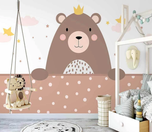 3D Cartoon Star Crown Bear Animal Pink Cloud Wall Mural Wallpaper Lxl