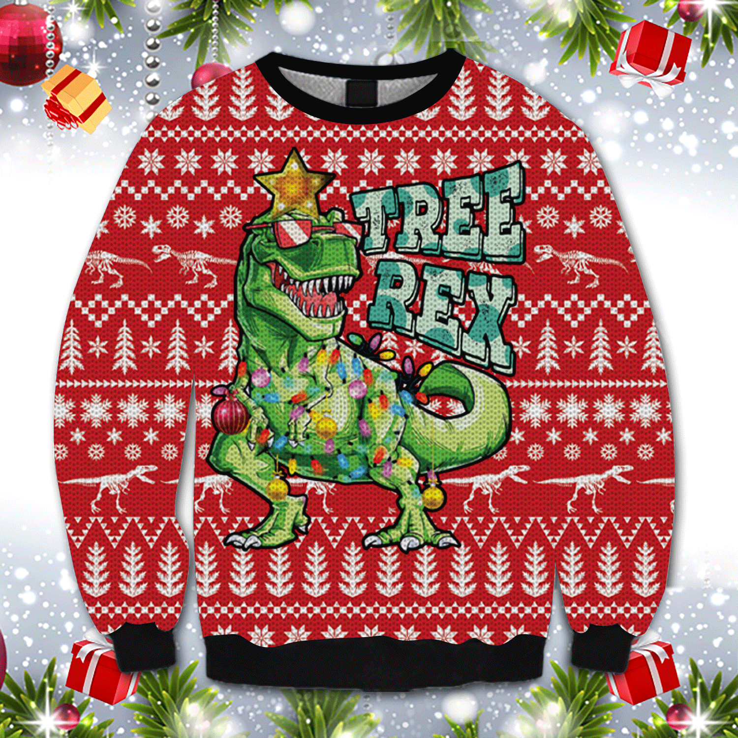 Tree Rex T-Rex Dinosaur Hz92304 – All Over Print Ugly Christmas Sweater