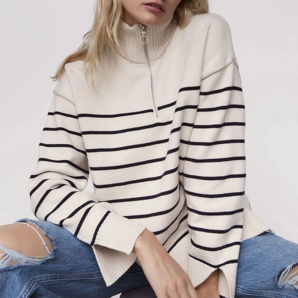 2022 Long Sleeve Zipper Brand Loose Pullovers Sweaters Spring New Women Half Turtleneck Striped Sweater alx