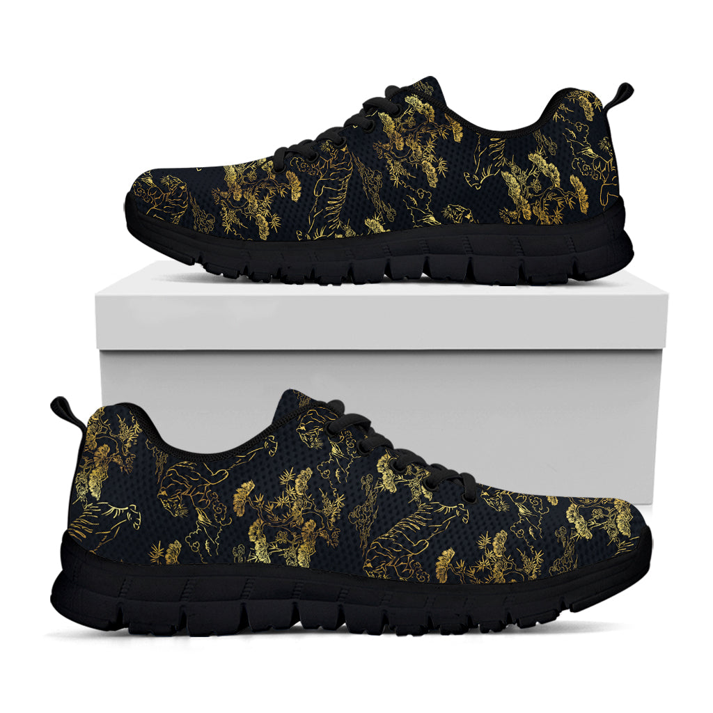 Black And Gold Japanese Tiger Print Black Sneakers