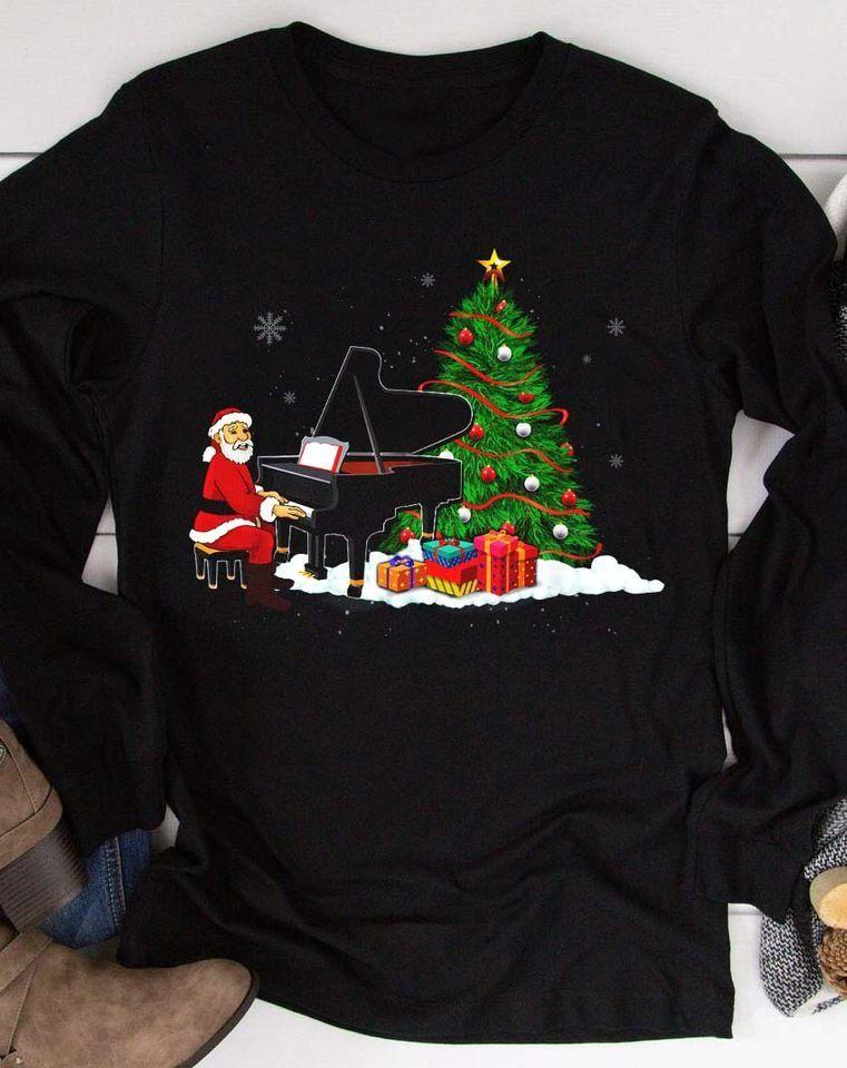 Christmas Santa Claus Piano T Shirt Hoodie Sweater All Color Plus Size Up To S-5Xl