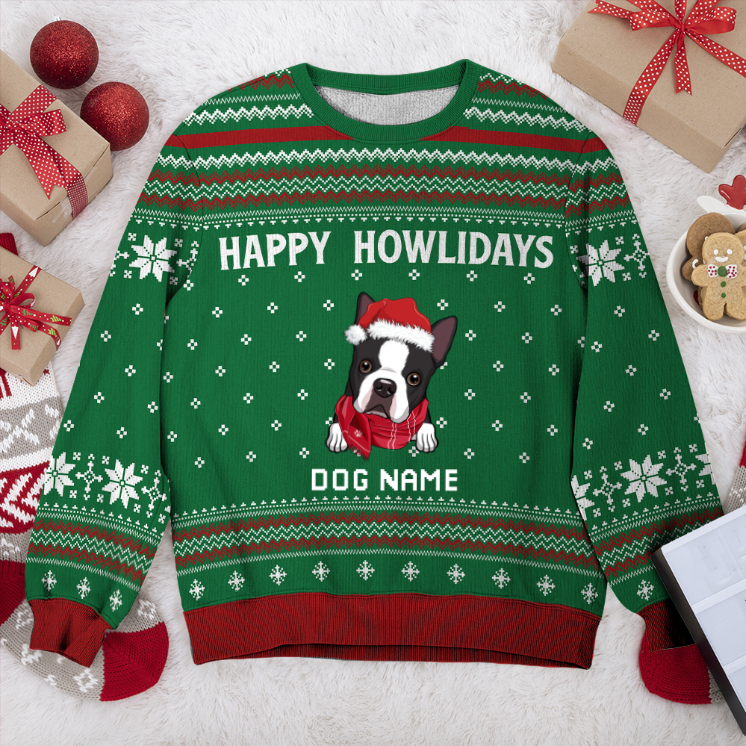 Boston Terrier Happy Howlidays Personalized Sweater, Dog Ugly Christmas Sweater