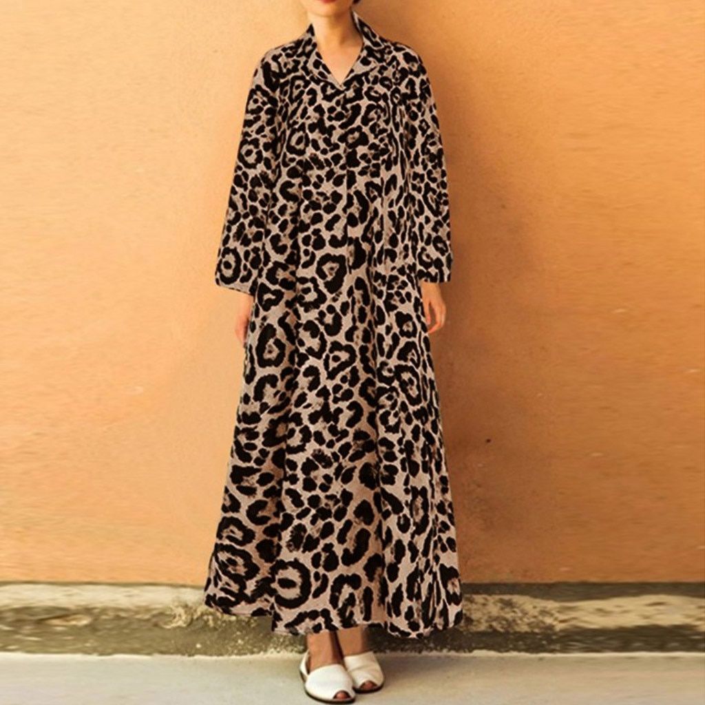 Sexy V Neck Long Sleeve Midi  Leopard Dresses