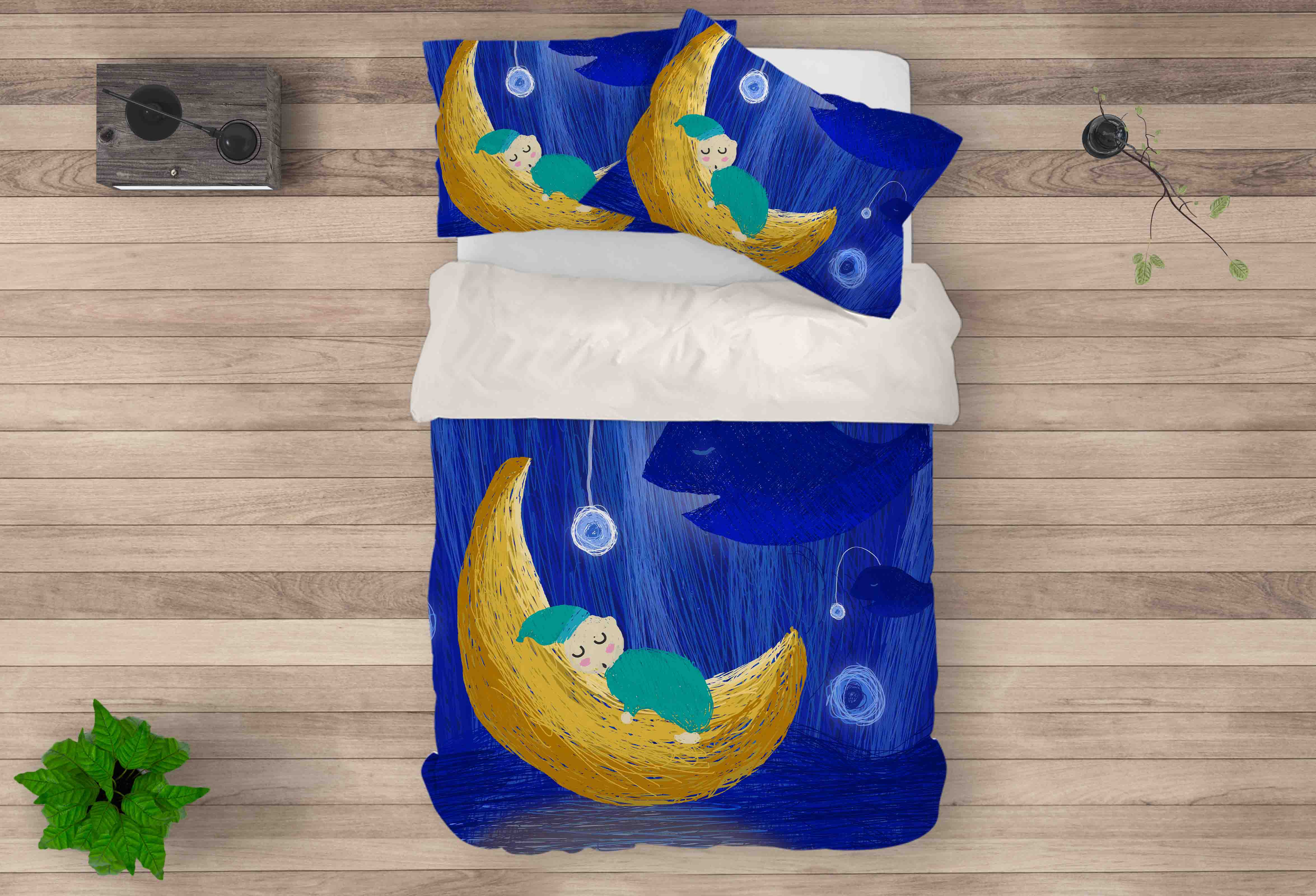 3D Blue Whale Baby Moon Quilt Cover Set Bedding Set Pillowcases 140