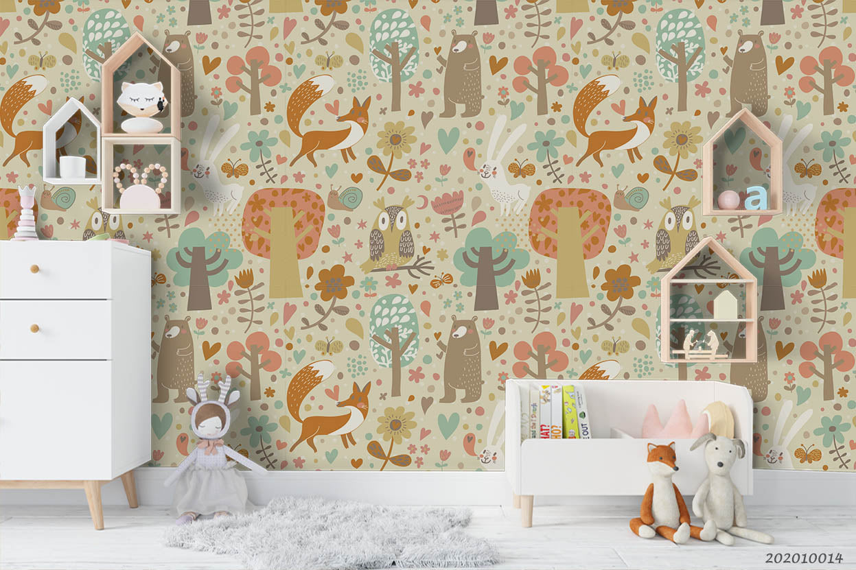 3D Cartoon Cute Animal Tree Owl Bear Fox Pattern Wall Mural Wallpaper Wj 5017