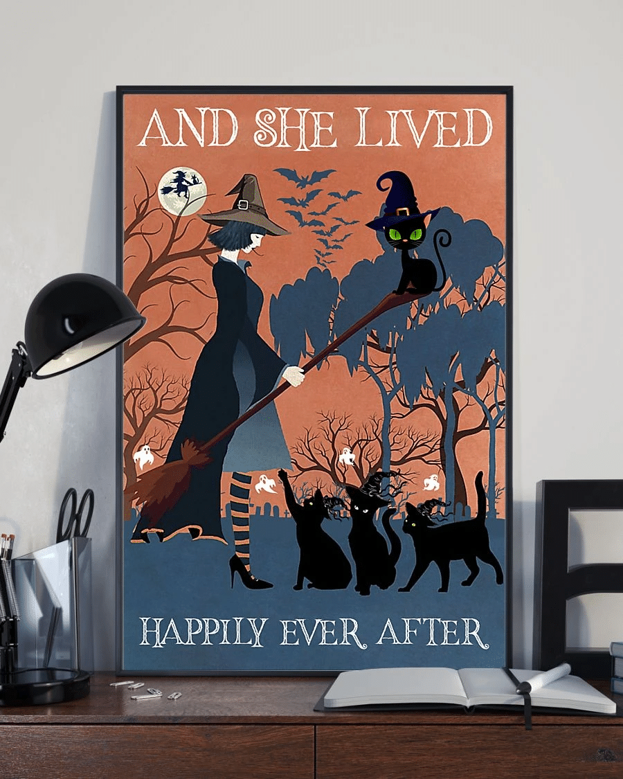 Black Cat Witch Girl Poster Canvas – And She Lived Happily Ever After Halloween Vintage Home Decor Wall Art Evg80359