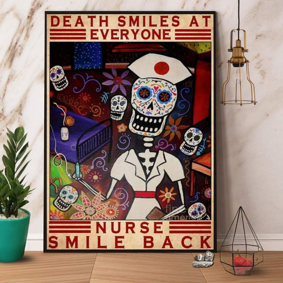 Halloween sugar skull death smiles at everyone nurse smile back death nurse vertical paper poster no frame/ wrapped canvas wall decor full size