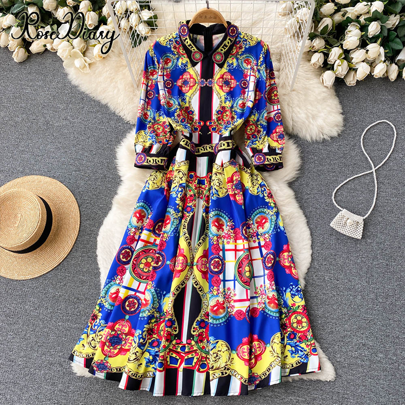 Bohemian Summer Vacation Dress Women Fashion Runway Short sleeve Geometric print Shirt style Midi Dress alx