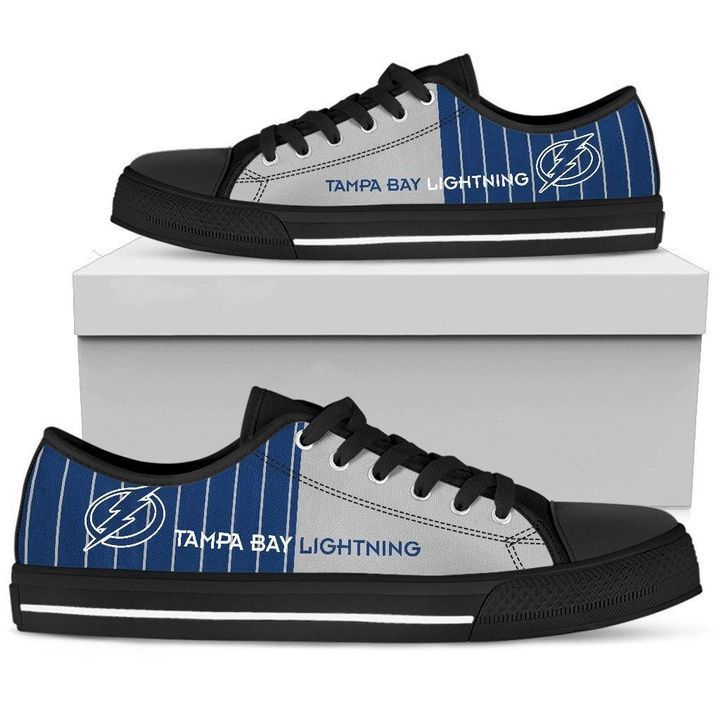 Black Low Top Canvas Custom Shoes Gift For Men Fans Cool Simple Design Vertical Stripes Tampa Bay Lightning