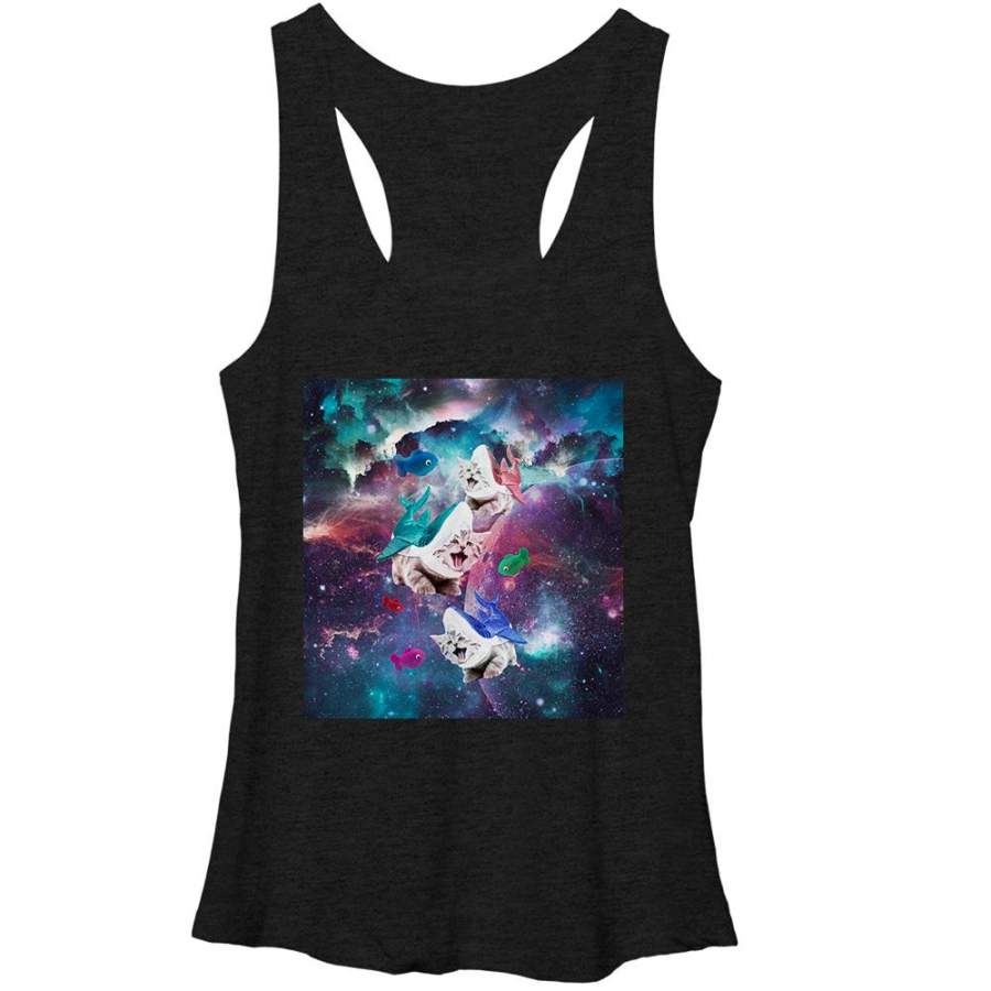 Lost Gods Women’s Shark Kittens in Space  Racerback Tank Black Heather