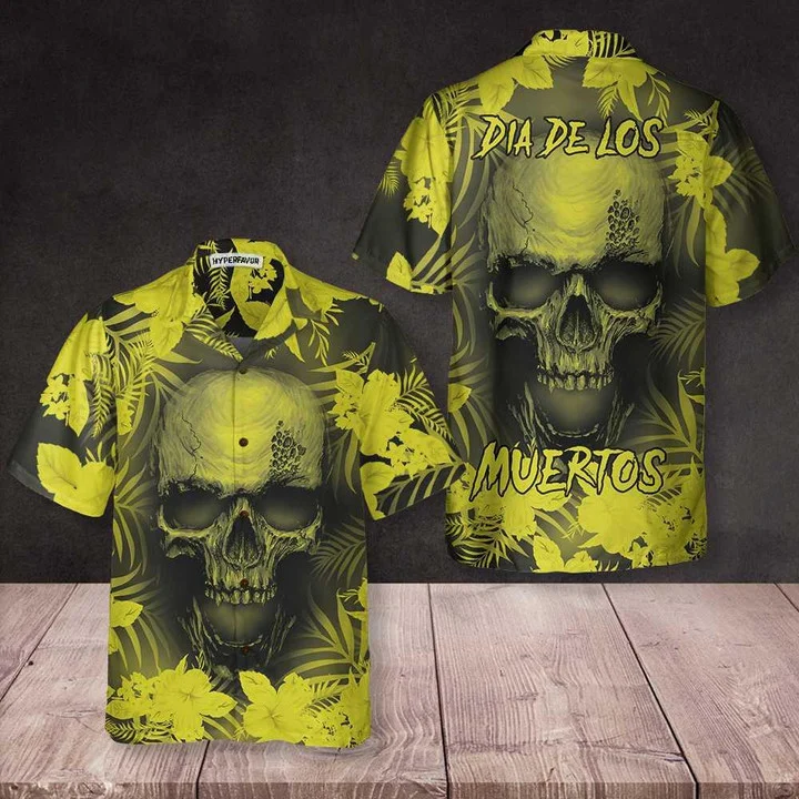 Waybackapparel Skull Floral Pattern Dia De Los Muertos 3D Hawaiian Shirt