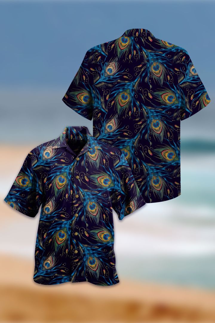 Tropical Pattern Peacock Feathers Printed Navy Blue Hawaii Shirt Ha8107