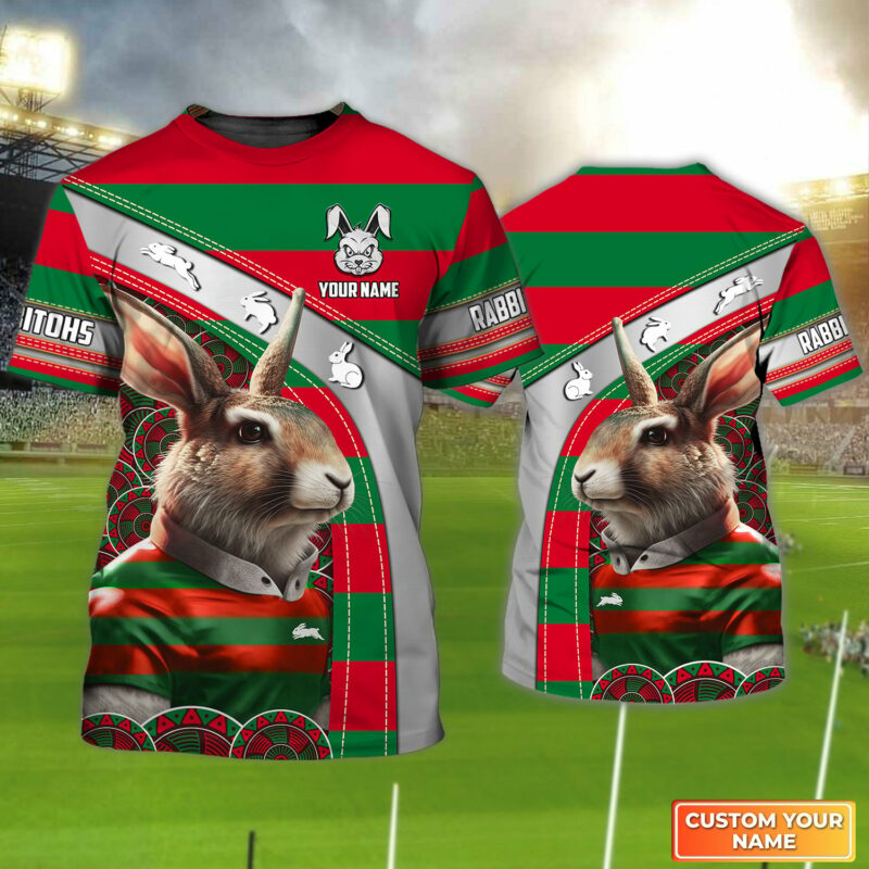 South Sydney Rabbitohs T-Shirt Personalized Name 3D Tshirt Rabbit Symbol Tee Gift For Nrl Fan Tad 05 Mid