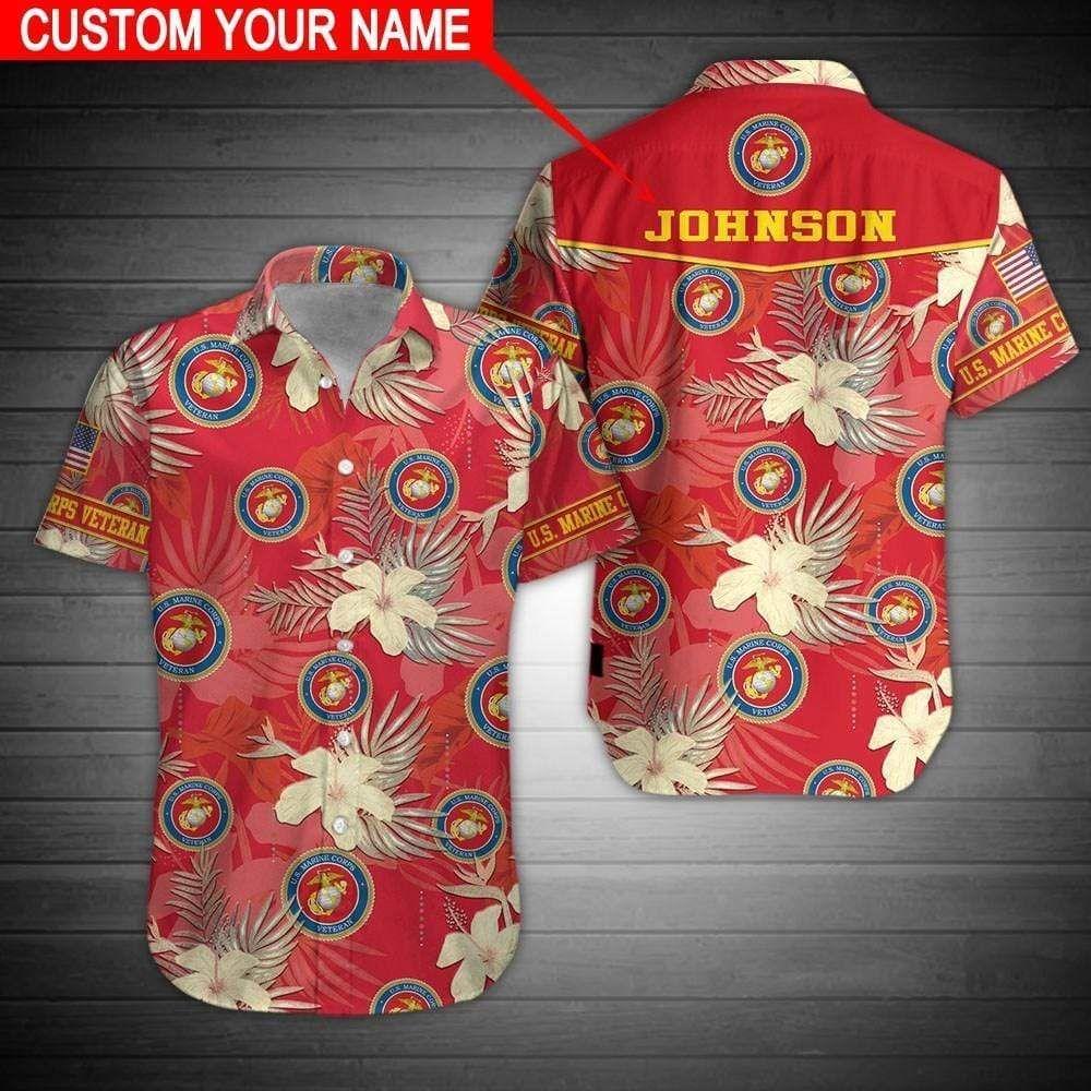 Beach Shirt Custom Name Us Marine Corps Red Hibiscus Hawaiian Aloha Shirts