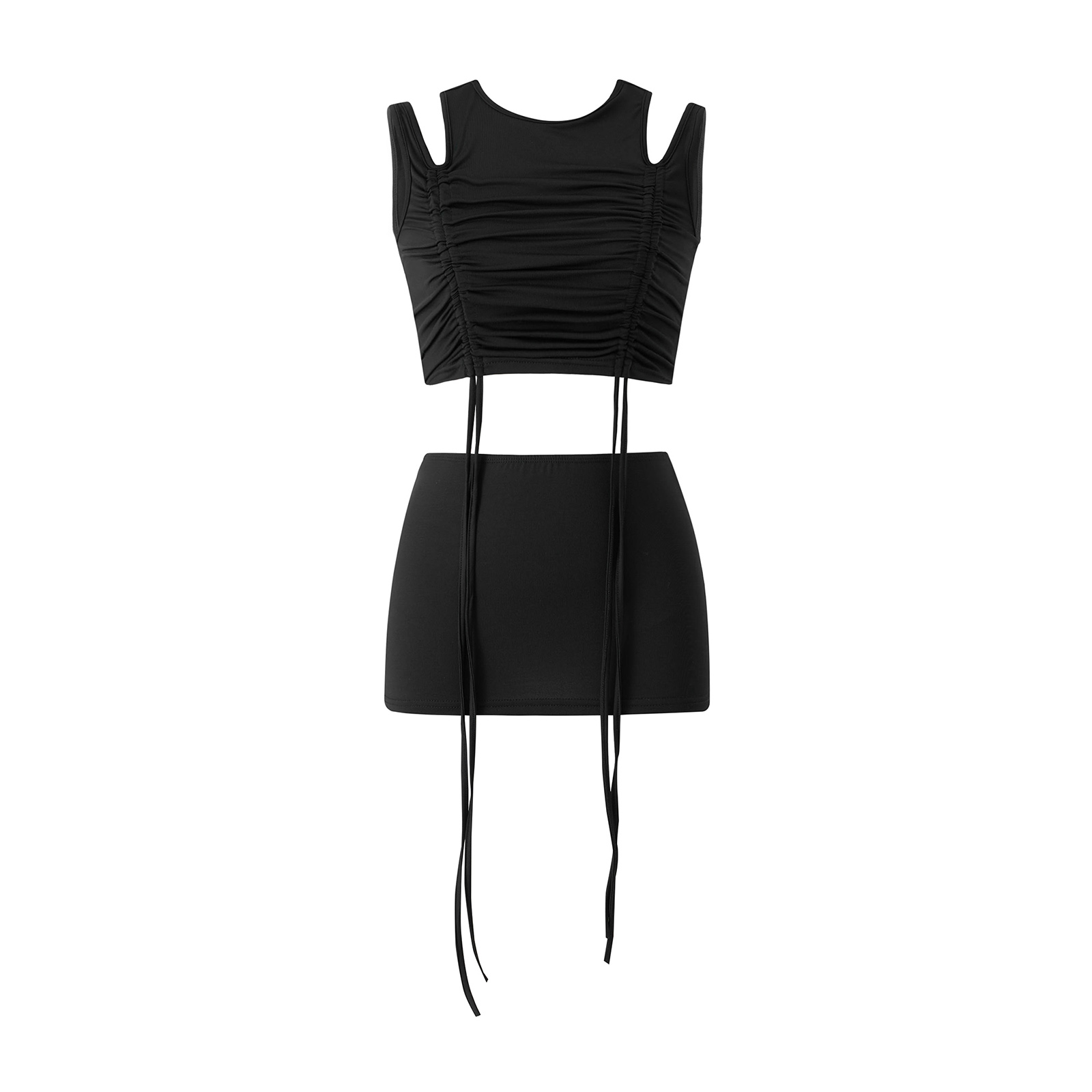 Women s Summer Skirts Set Ruched Cutout Shoulder Crop Tops Elastic Drawstring Skirt alx