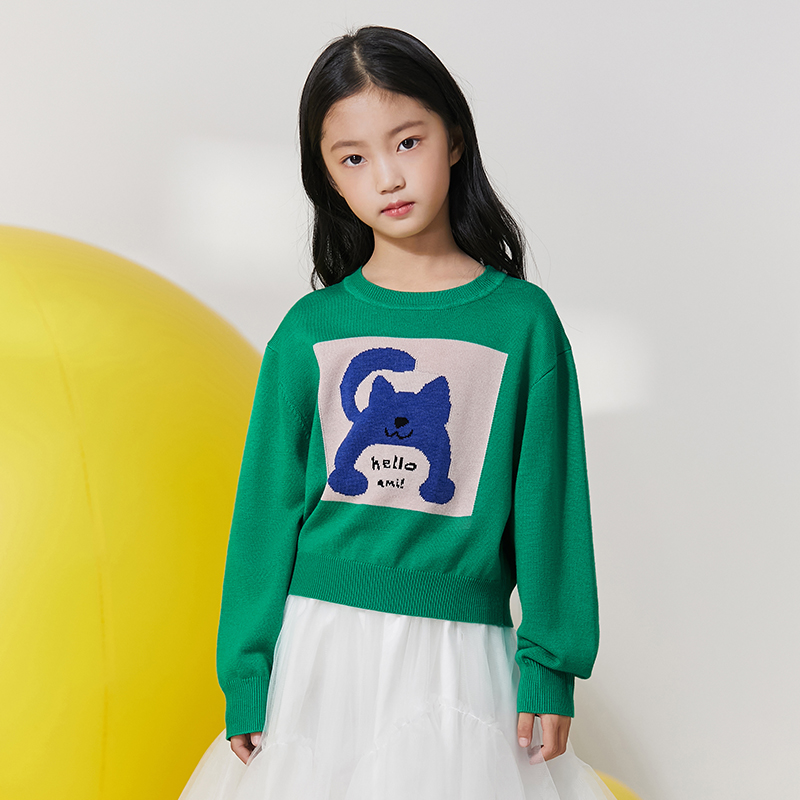 Amii Kids Spring Autumn Knitted Sweater for Girls 3-12y O-neck Long Sleeves Loose Embroidery Pullover Children Clothing 22230014 alx