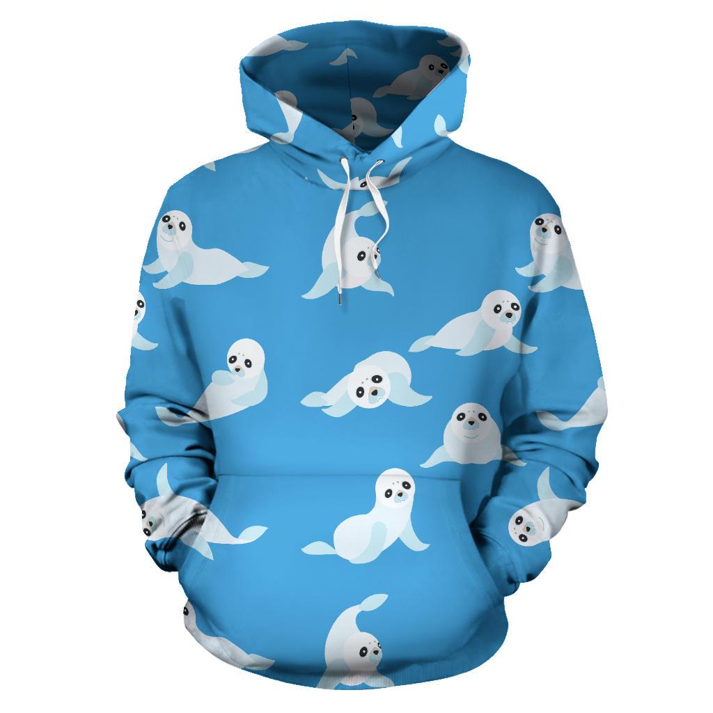 Cute Sea Lion Seal Pattern Background Men Women Pullover Hoodie