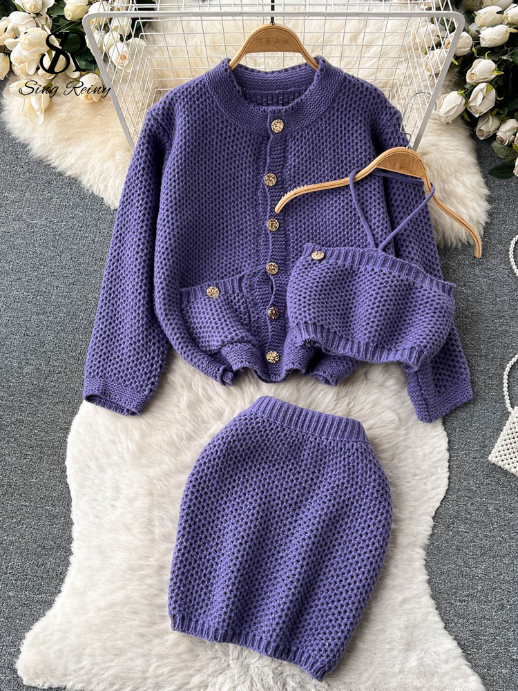 SINGREINY Women Autumn Knitted Suits Button Long Sleeve Cardigan+Halter Camis+Short Slim Skirt Winter Sweater Three Pieces Sets alx