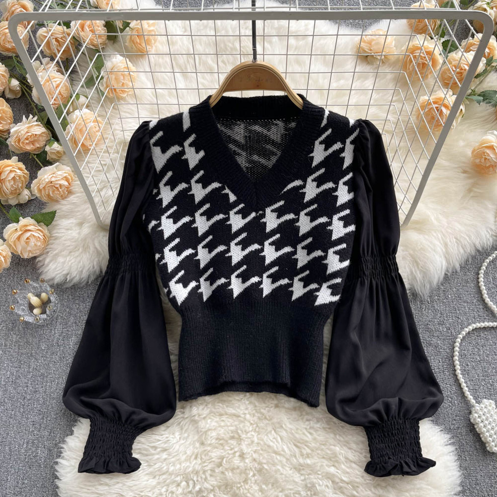 Autumn New V-Neck Knitted Pullover Female Long Lantern Sleeve Sweaters Woman Plaid Bottoming Shirt Crop Tops Mujer alx