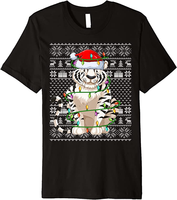 White Tiger Lover Santa Hat Ugly White Tiger Christmas Premium T-Shirt