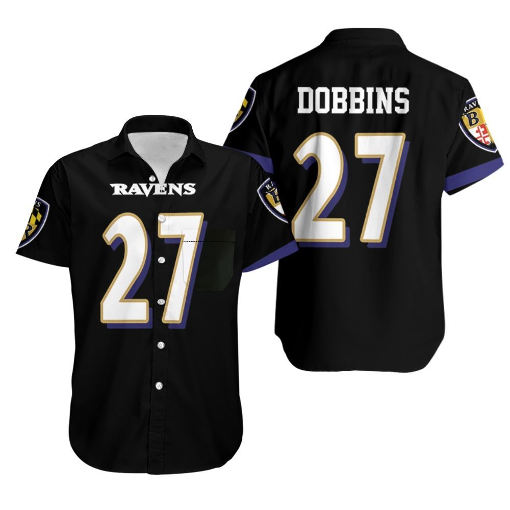 Baltimore Ravens J K Dobbins 27 Black Jersey Inspired Hawaiian Shirt