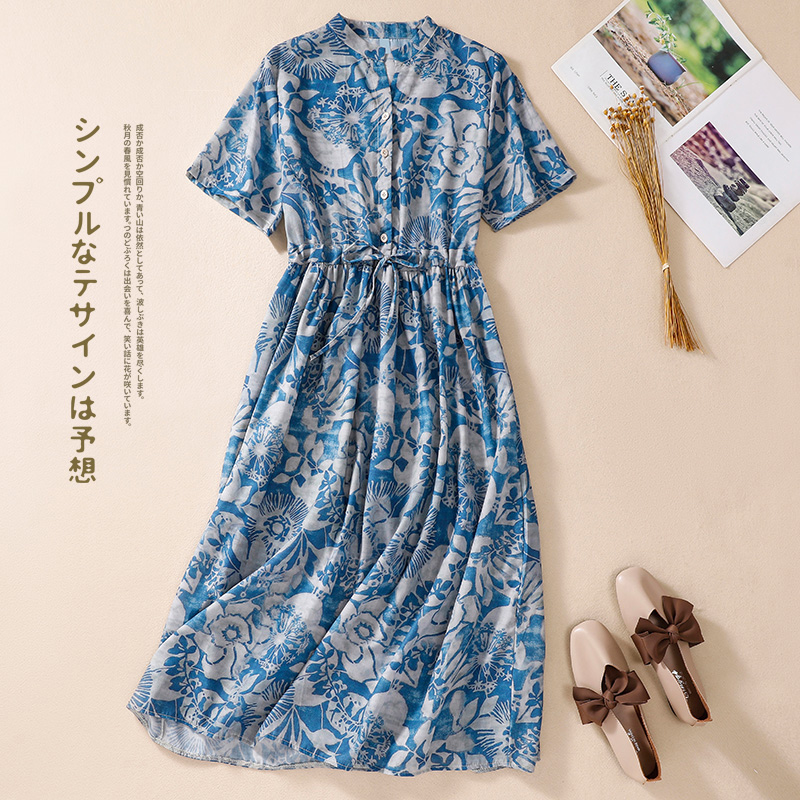 2022 New Thin Light Soft Cotton Linen Print Floral Vintage Summer Dress Draw String Office Lady Work Dress Women Casual Dress alx