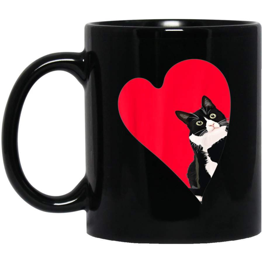 Tuxedo Cat Valentine Heart for Kitten and Animal Lovers Black Mugs