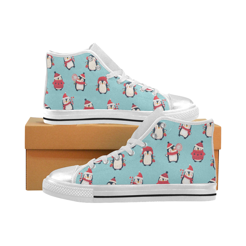 Cute Penguin Christmas  Design Pattern Women’S High Top Canvas Shoes White Gift For Men Women