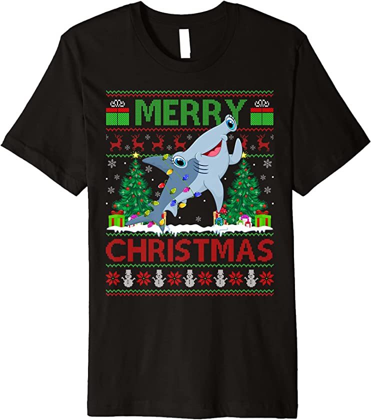 Shark Lover Xmas Lighting Ugly Hammerhead Shark Christmas Premium T-Shirt