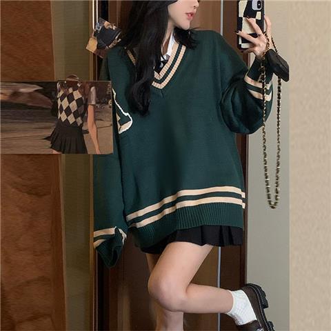 Women’s Spring and Autumn Korean Version Loose V-neck Knitted Sweater + College Shirt + Short Pleated Skirt Three Piece Suit alx