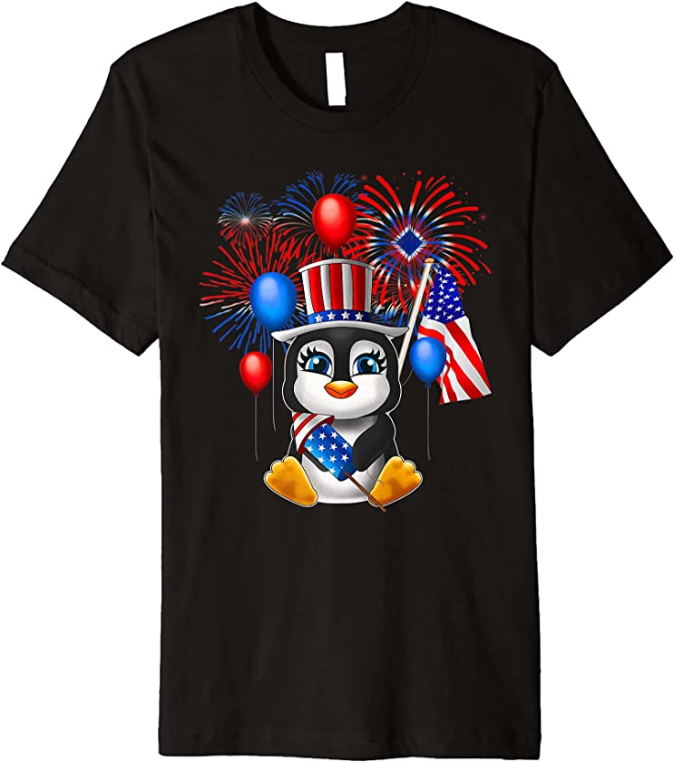 Girls 4th July Womens Summer Outfit American Flag Penguin Premium T-Shirt