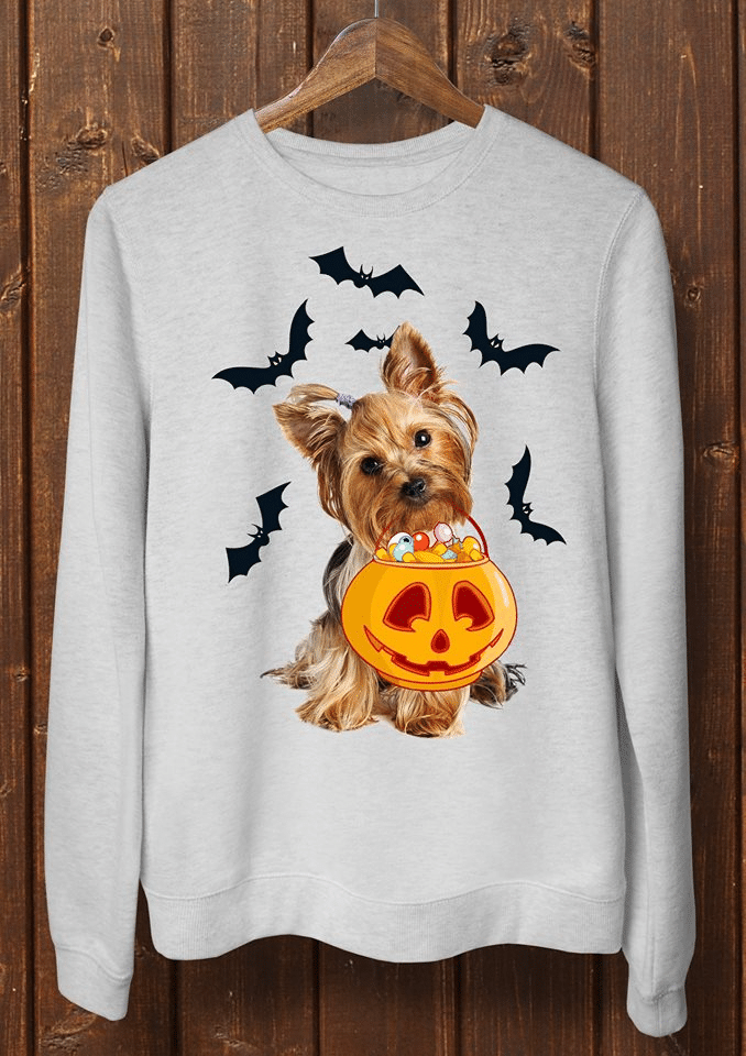 Dog lovers Halloween Yorkshire pumpkin candy T shirt hoodie sweater L98