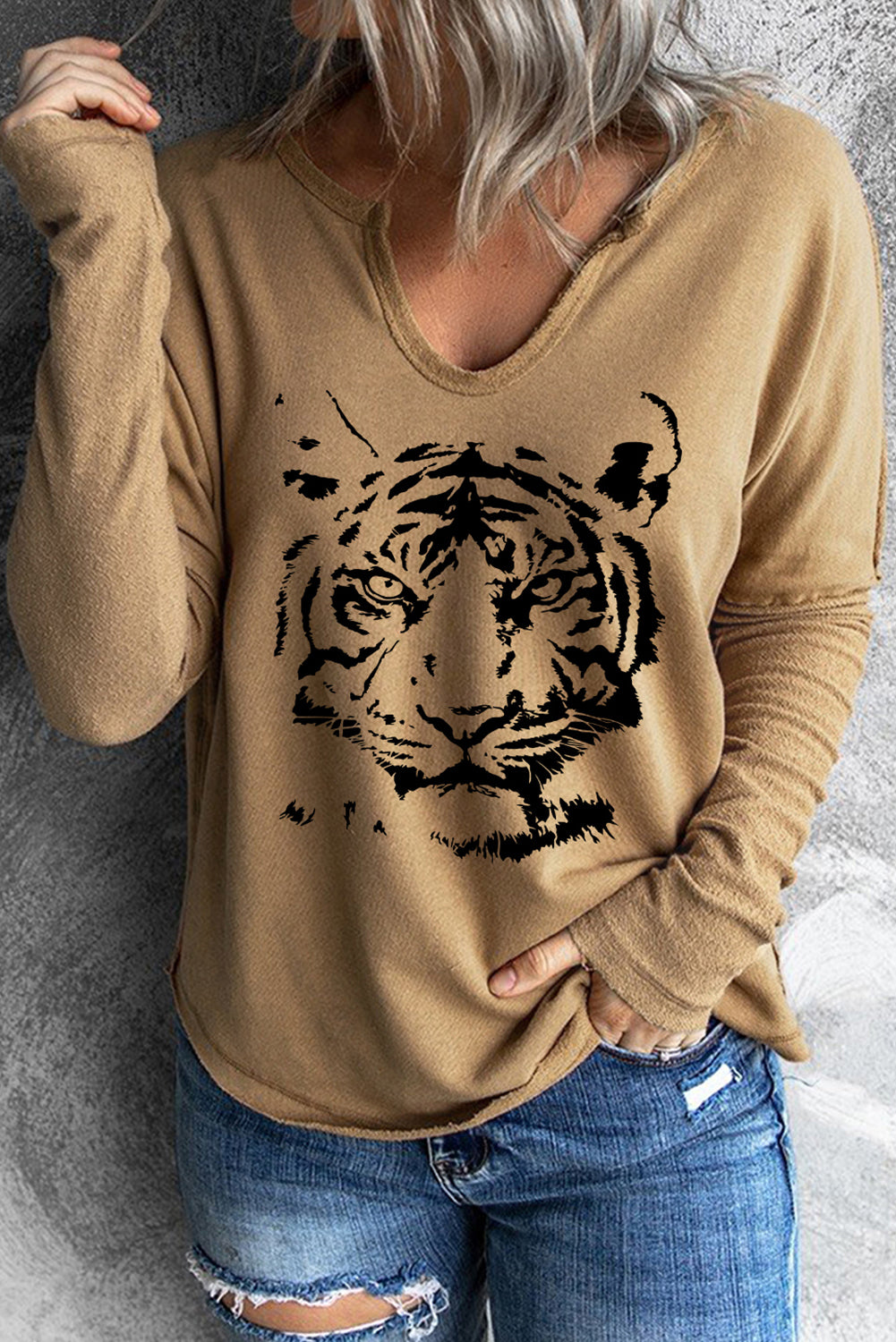 Tiger Print V Cut Neck Patchwork Long Sleeve Top