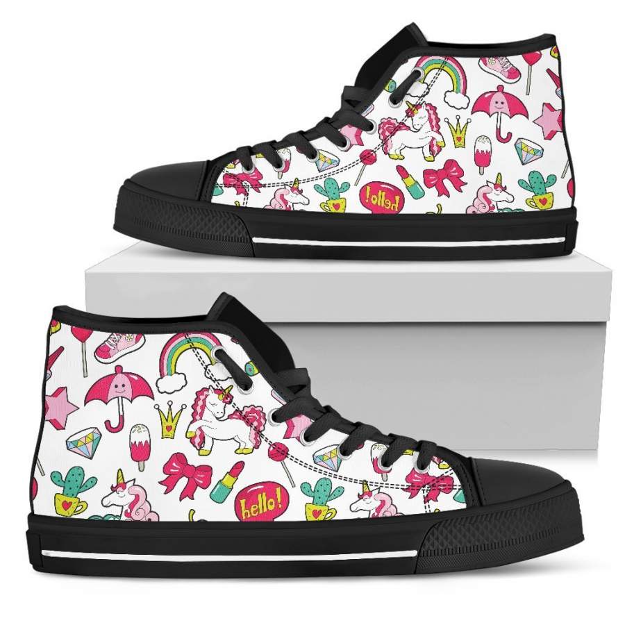 White Girly Unicorn Pattern Print Women’s High Top Shoes