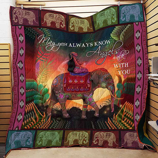 Angel Walks With You Bohemian Elephant Quilt Blanket