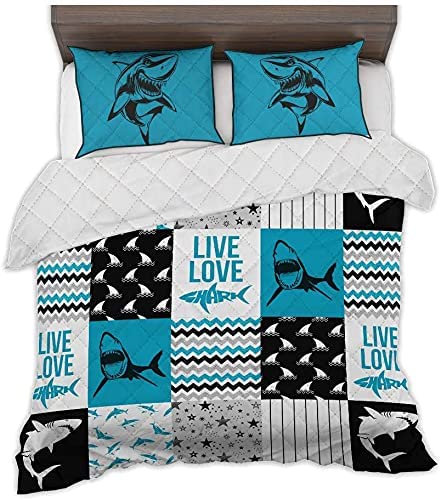 Zbigtee Shark Shape Pattern Live Love Shark Qbs Comfy Funny Bed Quilt Bed Set Bedding Set Animal