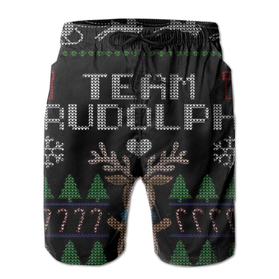 2 Pack Team Rudolph Ugly Christmas Poster Men Swim Trunks Drawstring Elastic Waist Quick Dry Beach Shorts with Mesh Lining Swimwear Bathing Suits